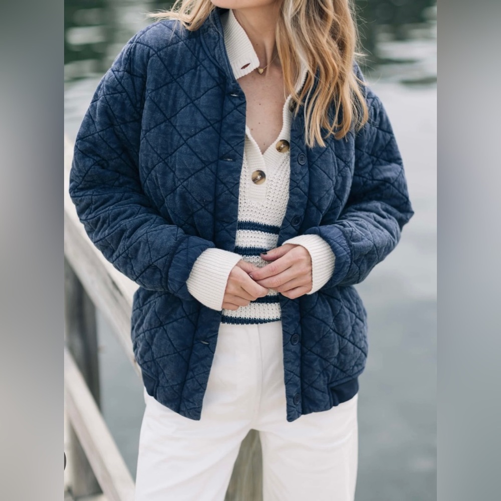 NWT Able Nora Cotton Quilted Stand Collar Button Front Jacket Midnight Blue S